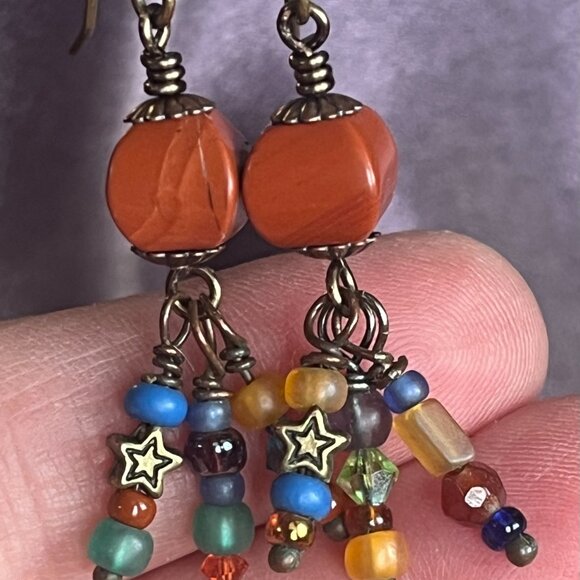 Red Jasper and Multicolor Boho Earrings, Colorful Beads Dangles, Wire Wrapped Ge - Picture 8 of 8